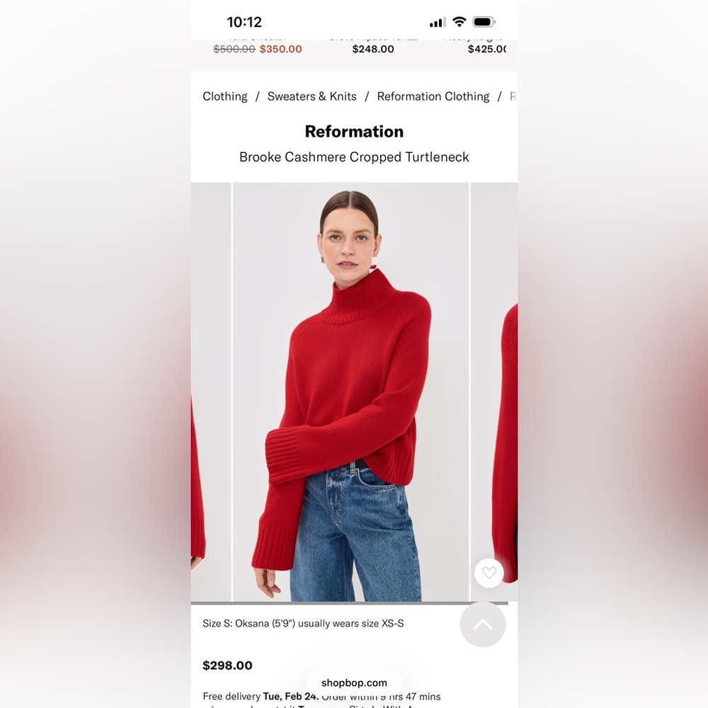 Reformation Brooke Red 100% Cashmere Cropped Turtleneck Sweater